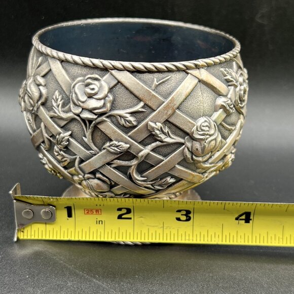 Vintage Pewter Trinket Dish Vase Intricate Trellis Climbing Rose Basket Weaved - Picture 7 of 9